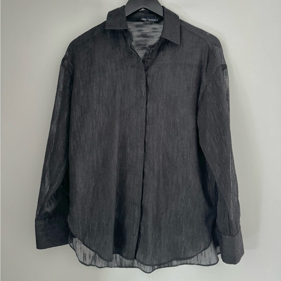 Zara Black Semi Sheer Shirt with Metallic Threads - Picture 6 of 9